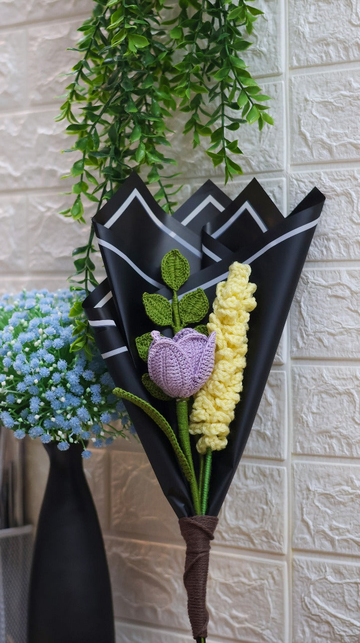 Crochet Tulip, Lavender Stick, Leaf Bouquet